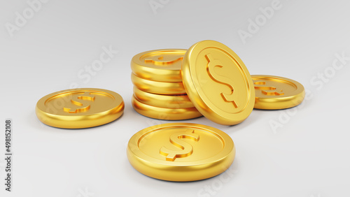 Stack of gold coin currency market financial or investment money banking treasure wealth cash and golden dollar pile isolated on white economy background with business earnings profit sign. 3D render.