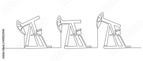 Oil pumps jacks platforms of One continuous line drawing. Drilling rigs petroleum production and trade industry in simple linear style. Non-renewable energy concept. Stroke Vector illustration