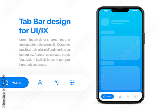 Mobile application tab bar for UI UX presentation and apps. Navigation dock bar. Bottom bar template. UI or UX design concept with high quality realistic smartphone on white background isolated.