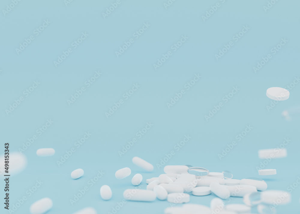 Pills on the light blue background. Medicines, tablets, pharmacy. Health, healthcare concept. Free, copy space for your text. 3d rendering.