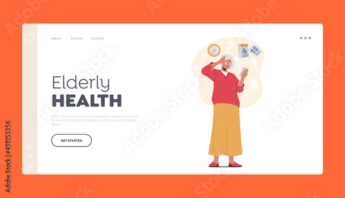 Elderly Health Landing Page Template. Forgetful Senior Woman Suffer of Alzheimer Disease or Senility Dementia