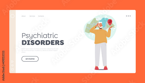 Psychiatric Disorders Landing Page Template. Confused Forgetful Old Male Character Forget Address and Lost in the City