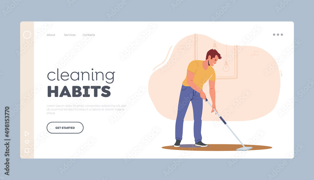 Home Routine, Household Duties Landing Page Template. Young Man Doing Domestic Work in Living Room, Cleaning Floor