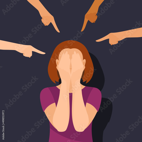 Girl covers face with hands. Surrounded by pointing hands. Concept of discrimination and bullying