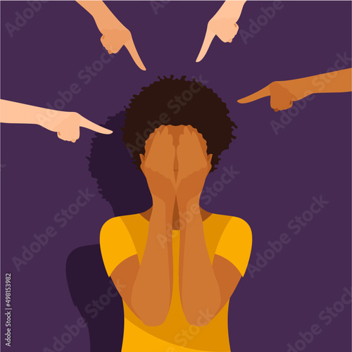 Dark skinned girl covers face with hands. Surrounded by pointing hands. Concept of discrimination and bullying