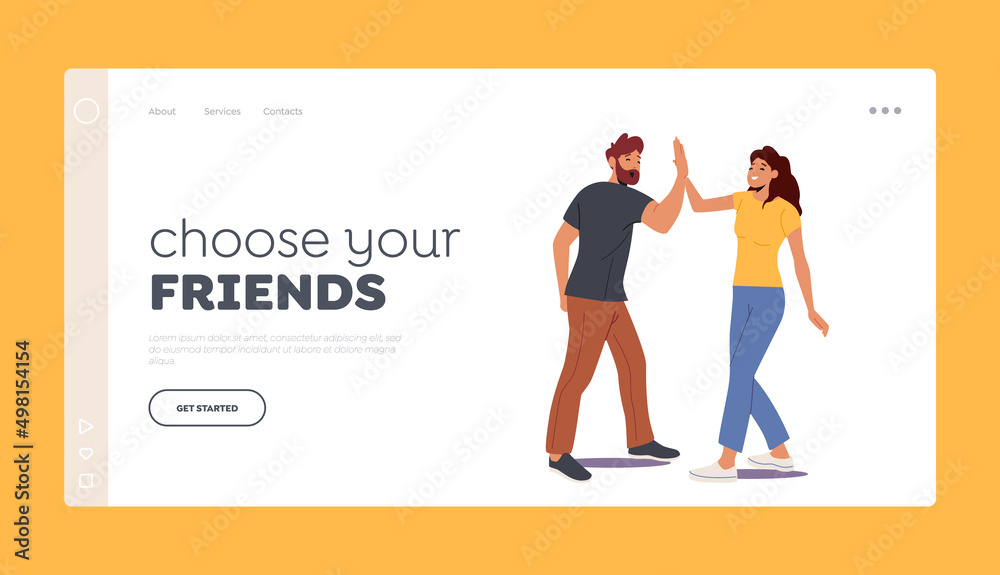 Friendship Landing Page Template. Male and Female Characters Informal Greetings, Happy People Giving High Five Friendship Landing Page Template. Male and Female Characters Informal Greetings, Happy People Giving High Five