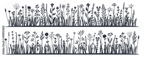 Black silhouettes grass flat icon set. Wild meadow herbs, flowers isolated on white background, Leaf borders, flower elements, nature background vector illustration. Land concept for template design