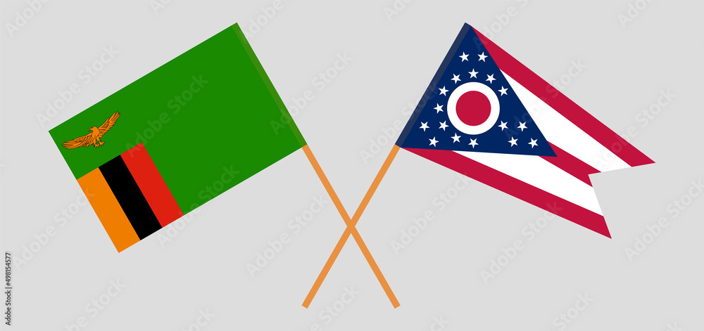 Crossed flags of Zambia and the State of Ohio. Official colors. Correct proportion Crossed flags of Zambia and the State of Ohio. Official colors. Correct proportion