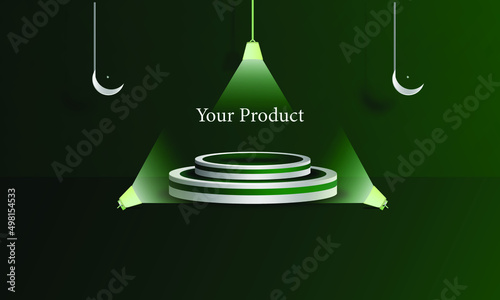 green Islamic pattern and ornament background with 3d podium and 3d Islamic ornament in grey, for store product photos, and others, vector design eps 10