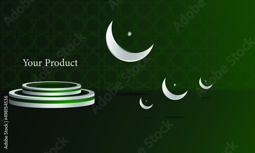 green Islamic pattern and ornament background with 3d podium and 3d Islamic ornament in grey, for store product photos, and others, vector design eps 10