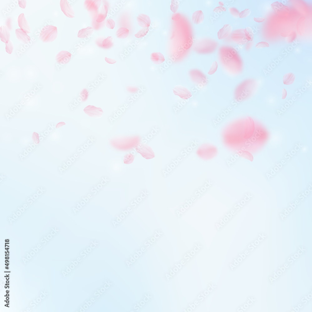 Sakura petals falling down. Romantic pink flowers gradient. Flying petals on blue sky square background. Love, romance concept. Breathtaking wedding invitation.