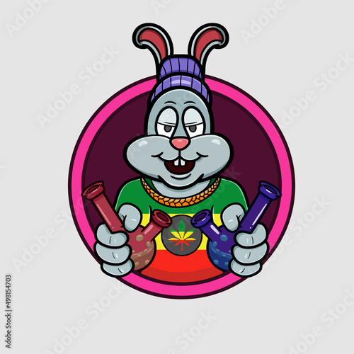 Vector Illustration Mascot cartoon character of Rabbit Logo Cartoon With Glass Bong Smoke. Glass Bong Theme. Suitable for Brand, Label, Logo, Sticker, t-shirt Design and other Product.