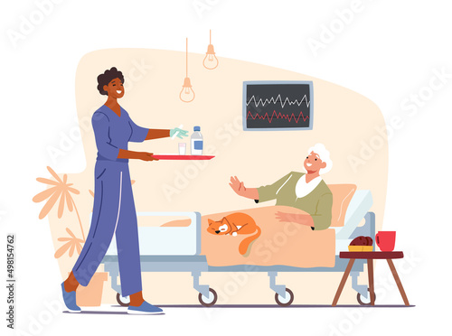 Senior Patient Female Character Lying in Clinic Ward for Treatment. Health Care Medical Staff Nurse Bringing Medicines