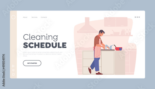 Cleaning Schedule Landing Page Template. Man Clean Kitchenware, Household Domestic Chores and Hygiene Duties