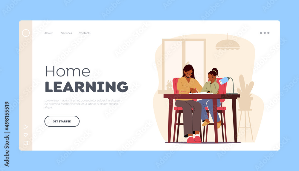 Home Learning Landing Page Template. Family Education, Homeschooling. Kid Girl Listen Mother Character Help Daughter Home Learning Landing Page Template. Family Education, Homeschooling. Kid Girl Listen Mother Character Help Daughter