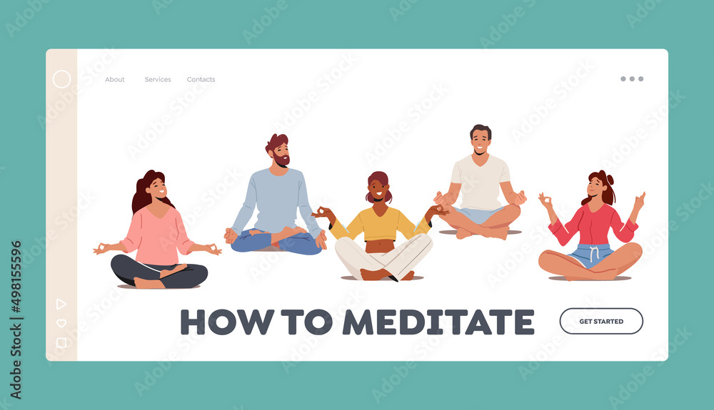 Yogi Men and Women Meditate Landing Page Template. Male and Female Characters Sit in Lotus Posture in Yoga Class Yogi Men and Women Meditate Landing Page Template. Male and Female Characters Sit in Lotus Posture in Yoga Class