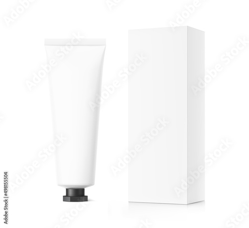 Blank plastic tube mockup with black octagonal cap and box. Vector illustration isolated on white background. Can be use for your design, advertising, promo and etc. EPS10.	