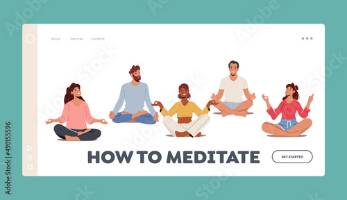 Yogi Men and Women Meditate Landing Page Template. Male and Female Characters Sit in Lotus Posture in Yoga Class