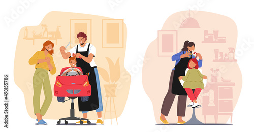 Toddlers Barbershop, Child Beauty Hairdresser Salon for Children, Master Cut Hairs and Making Hairstyle to Boy and Girl