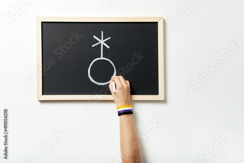 Hand with symbolic bracelet drawing on a chalkboard the symbol of the non-binary