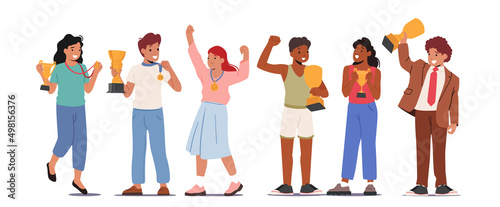 Set Cheerful Happy Children Celebrating Victory Success in Educational or Sports Competition. Girls and Boys Hold Trophy