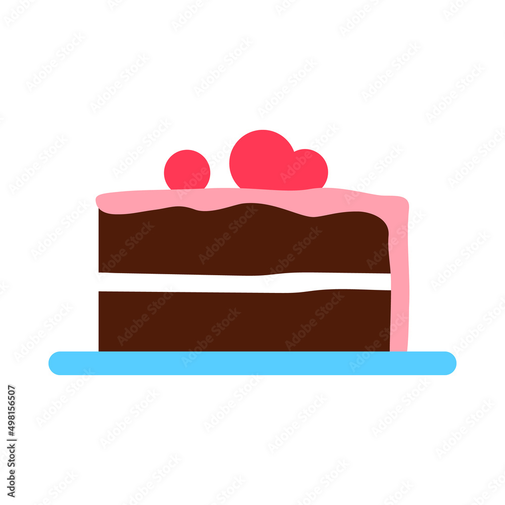 Chocolate cake colorful flat icon isolated on white background. Fresh baked portion of brownie snack. Holiday creamy piece of pie minimal sign, logo design. Frosting dessert slice vector illustration. Chocolate cake colorful flat icon isolated on white background. Fresh baked portion of brownie snack. Holiday creamy piece of pie minimal sign, logo design. Frosting dessert slice vector illustration.