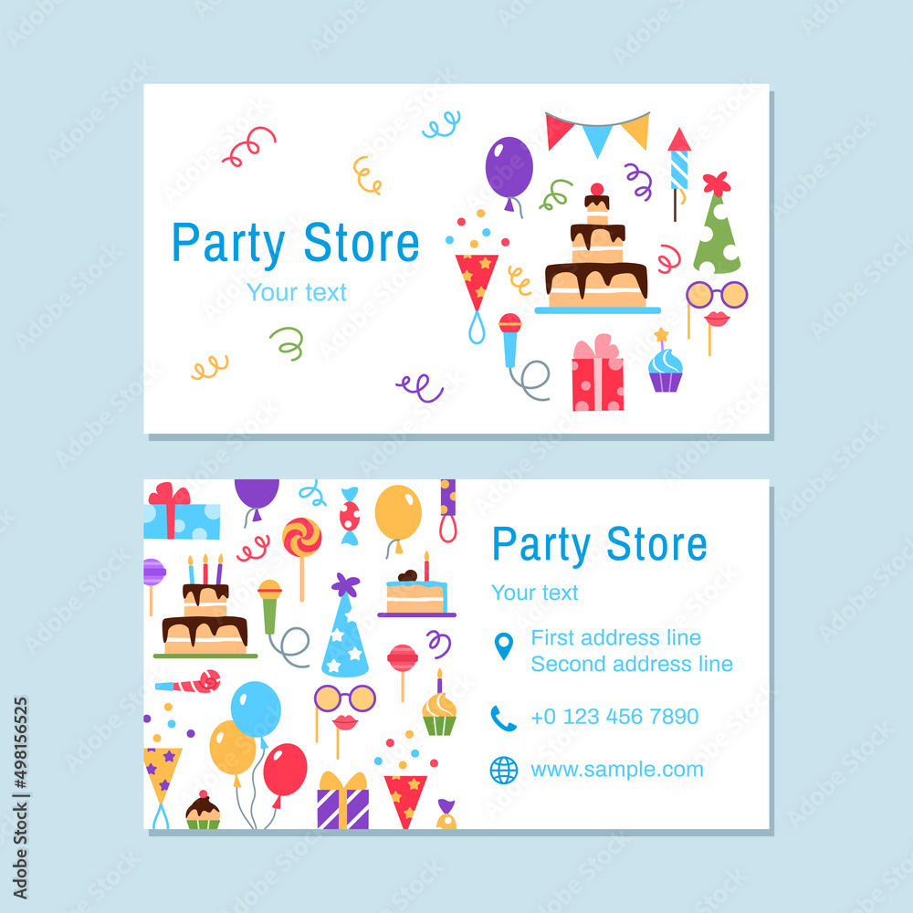 Party store business card template. Event service visit card design. Bright colorful celebrating flat elements for birthday party carnival festival. Fun cake mask balloon muffin vector illustration.