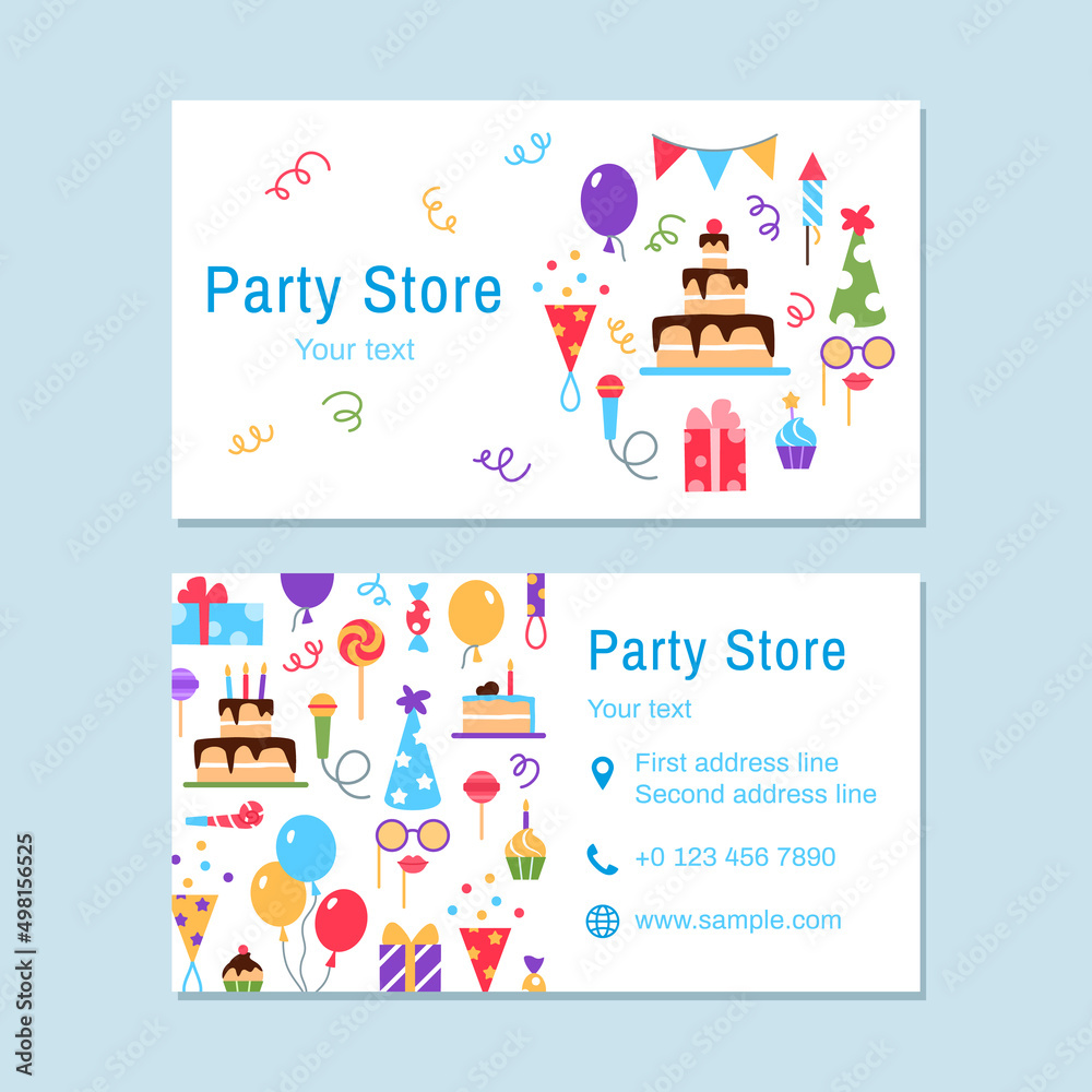 Party store business card template. Event service visit card design. Bright colorful celebrating flat elements for birthday party carnival festival. Fun cake mask balloon muffin vector illustration. Party store business card template. Event service visit card design. Bright colorful celebrating flat elements for birthday party carnival festival. Fun cake mask balloon muffin vector illustration.