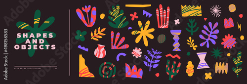 Collection of abstract graphic forms on a dark background. Minimalist elements in the style of modern art. Universal vector illustration for your design in a flat style. Shapes and objects.