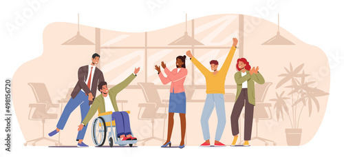 Business People Applaud to Disabled Colleague Sitting at Wheelchair. Successful Project, Goal Achievement, Fun in Office