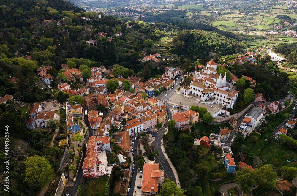 Aerial drone view of Sintra, Portugal old city at Sintra National Palace. Famous tourism destination.