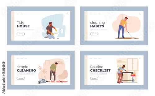 Household Activities, Housekeeping Landing Page Template Set. Man Mopping, Sweeping and Vacuuming Floor, Cleaning Home