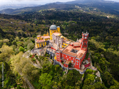 National Palace of Pena, Sintra region, Lisbon. Aerial drone panorama of Famous place in Portugal.