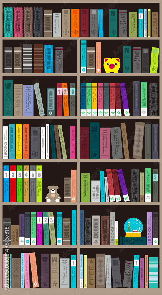 many books on the bookshelf, vector illustration many books on the bookshelf, vector illustration
