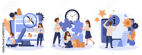 Customer experience abstract concept vector collection of scenes. Project delivery, beta testing, user guide, software development, new product launch, technical guide, helpdesk abstract metaphor