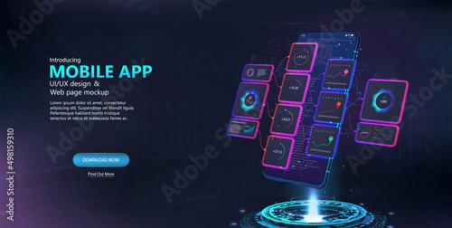 Toolkit UI, UX and optimization of the application, transitions, scenes. Mockup Mobile App in 3D smartphone. Usability and programming, creation user interface. UI, UX, KIT, 3D Mockup. Vector webpage