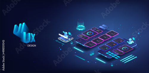 Modern UI UX KIT design. The process of creating a mobile app interface, scenes, programming and usability, interaction with active blocks. UI, UX KIT tools. Modern Mobile App design 3D. isometric
