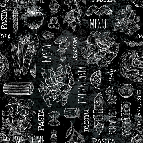 Italian pasta vector pattern. Food sketch chalk board illustration. Chalkboard background with italian pasta restaurant menu. Seamless hand drawn design pattern. Black chalk board vintage art drawing