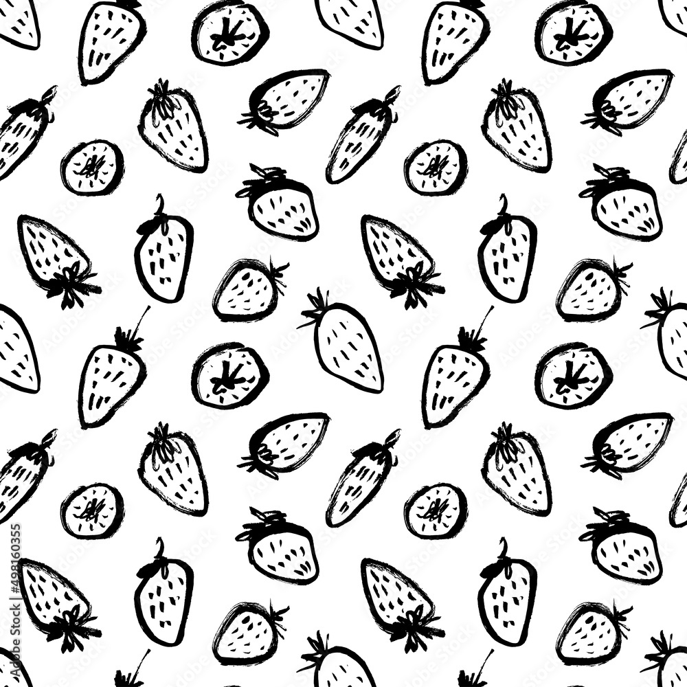 Hand drawn strawberry seamless vector pattern. Black doodle sketches. Line brush strokes with texture. Seamless tropical pattern with strawberry. Ink illustration isolated on white background Hand drawn strawberry seamless vector pattern. Black doodle sketches. Line brush strokes with texture. Seamless tropical pattern with strawberry. Ink illustration isolated on white background