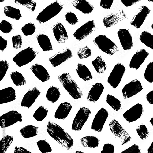 Black paint brush strokes seamless pattern. Short bold ink lines. Abstract modern background in Memphis style. Vector geometric elements. Endless fabric print. Grunge scribble black strokes