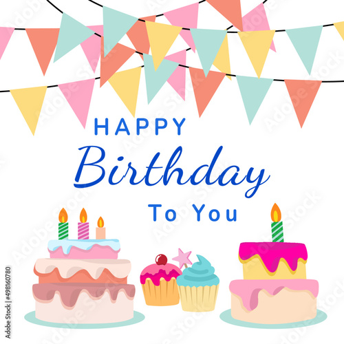 Birthday cake. Colorful birthday. Vector Illustration. Happy Birthday greeting card in pastel colors with candles  cake and cupcake. Vector illustration on a white background