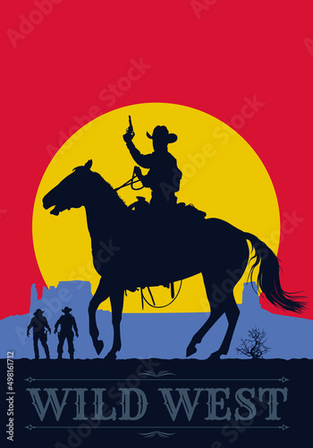 A vintage style western (wild west) movie poster of two outlaw gunslingers, and a sheriff on a horse.