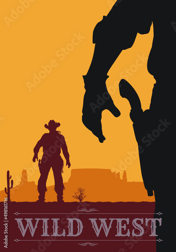 A vintage style movie poster of two gunslingers, an outlaw and a sheriff in the wild west.
