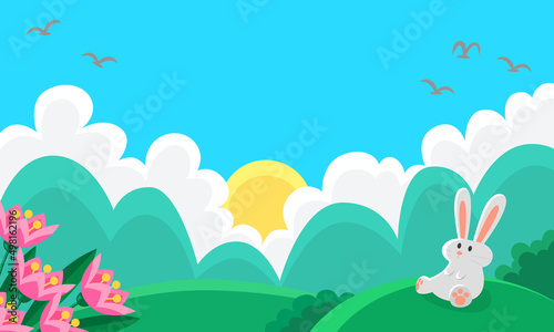 spring nature painting, flowers, meadow, rabbit, mountain, cute cartoon style Illustration