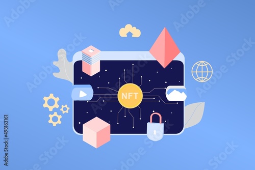 NFT non fungible token infographic with lines and dots network. Pay for unique collectible in video, game, art. Isometric vector illustration of NFT with blockchain technology for web banner template.
