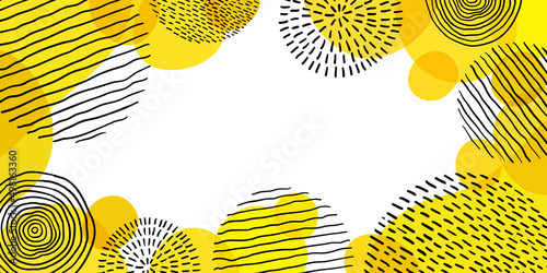 Creative minimalist hand draw Abstract art background with yellow stain shape elements and Hand Drawn doodle Scribble Circle. Design for home wall decoration, postcard, poster or brochure