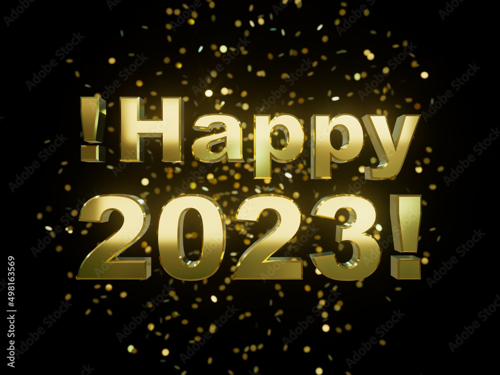 Happy 2023 celebration, dark background, 3d render