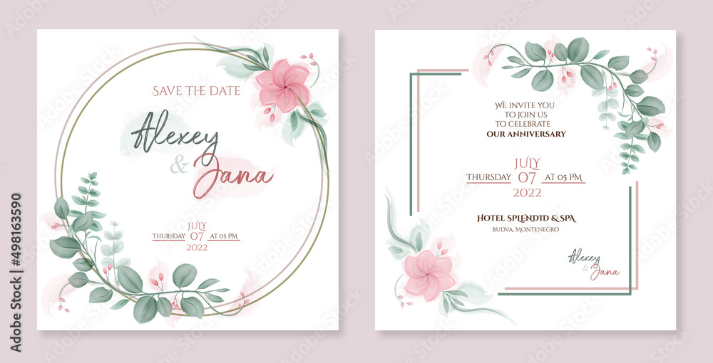 A wedding (anniversary) invitation template set with   watercolor flowers and leaves decoration. A botanic card design concept with two sides of one.