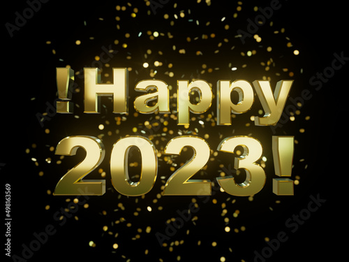 Happy 2023 celebration, dark background, 3d render