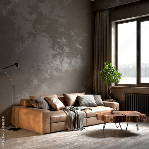 Carta da parati 3D per Soggiorno - Carta da parati Living room interior in loft, scandinavian style, 3d render